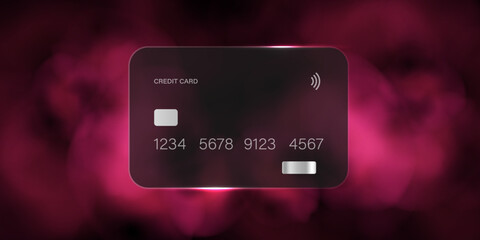 Credit card icon. Glassmorphism style with smoke.Pink smoke or fog. Smoke or fog color isolated on dark background. Realistic pink colorful smoke clouds .10 eps