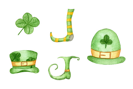 Watercolor Elements For St. Patrick's Day. Illustration isolated on a white background. Hat, Sock, Boot and Clover