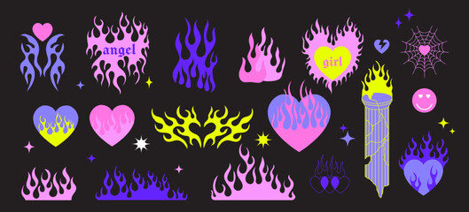 y2k gothic flame tattoo stickers. Retro psychedelic love art. Vector illustration of hand drawn elements, barbed wire, fire, butterfly, heart. Aesthetic nostalgic 2000s goth girly icons.