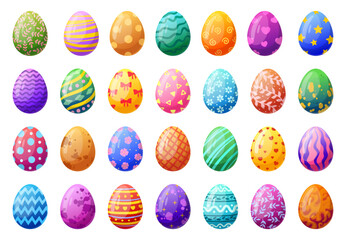 Cartoon Easter surprise eggs. Spring holiday egg hunt chocolate egg, traditional painted eggs flat vector illustration set. Easter colorful egg collection