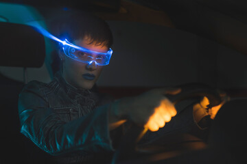 Woman in smart glasses sitting in car