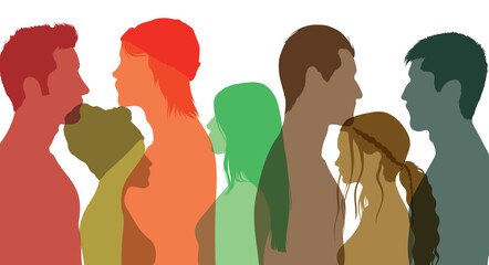 Group diverse people together. Men, women, and girls of good looks from different cultures. Racism and diversity.