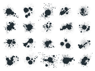 Ink blob splashes. Black paint drops and spots, abstract ink splatters. Liquid writing ink grunge drops silhouettes flat vector illustration set