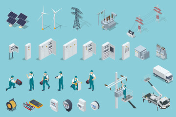 Isometric electricity icons set with solar panels, power stations, high voltage wires, electric switchboards, transformers, distribution boards, and professional workers in uniform.