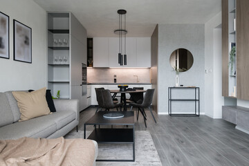 Interior of modern apartment - living room connected to kitchen