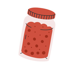 Hand drawn cute cartoon illustration jar of cherry jam. Flat vector canned fruit juice in colored doodle style. Glass bank with preservation icon or print. Isolated on white background.