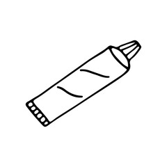 A tube of paint with a lid. Tube with toothpaste. Tubes are used in the chemical, pharmaceutical and cosmetic industries. Doodle. Vector illustration. Hand drawn. Outline.