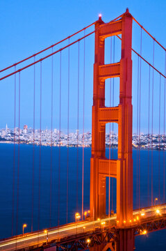 The Golden Gate Bridge at dusk with San Francisco in the background, California.