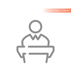 Lecturer and podium line vector icon. Man, speaker on tribune stand, lecture outlined symbol.