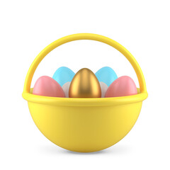 Easter yellow rounded basket with handle filled painted colored chicken eggs 3d icon
