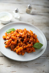 Pasta with minced meat and tomato sauce