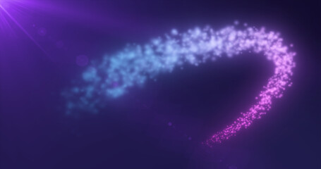 Abstract flying magical glowing line of energy purple particles in the rays of a brilliant sun on a dark background. Abstract background