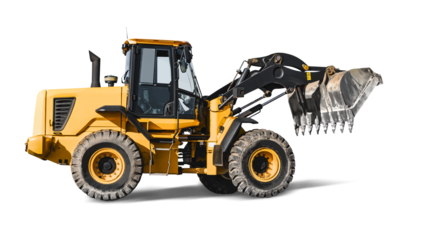Large wheeled front loader or bulldozer on a white isolated background. construction machinery. Element for design. Transportation and movement of bulk materials. Excavation.