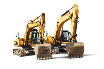 Two powerful crawler excavators isolated on white background. Powerful excavator with an extended bucket close-up. Construction equipment for earthworks. element for design.