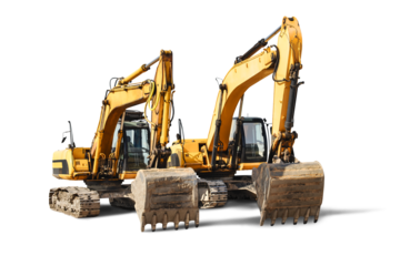 Two powerful crawler excavators isolated on white background. Powerful excavator with an extended bucket close-up. Construction equipment for earthworks. element for design.