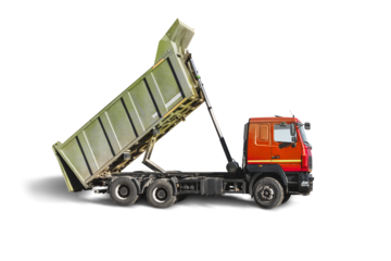 Large dump truck car with a raised body on a white isolated white background. Car for transportation of heavy bulk cargo. Construction equipment. Element for design.