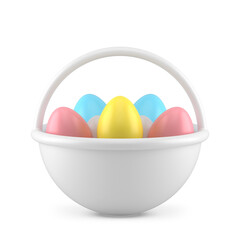 Fototapeta na wymiar White Easter basket with curved handle stuffed multicolored painted chicken eggs 3d icon