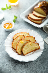 Homemade citrus loaf cake with orange marmalade