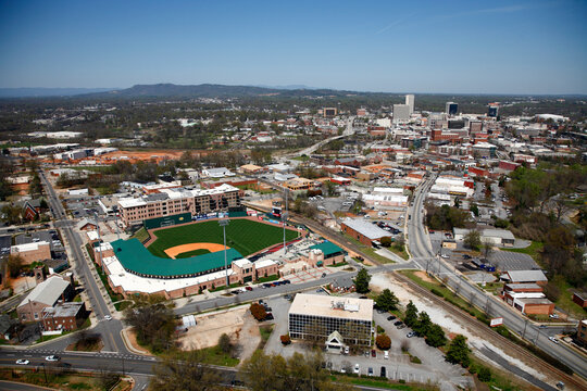 Aerial view of downtown Greenville, SC with Fluor Field