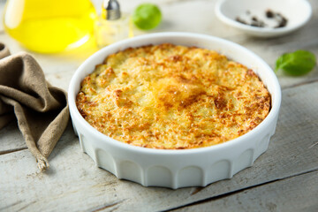 Homemade potato souffle with egg yolks