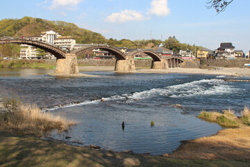 kintai bridge and nishiki river in iwakuni in japan