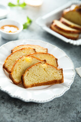 Homemade citrus loaf cake with orange marmalade