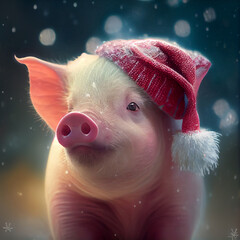 Pig wearing Santa hat. Generative AI.