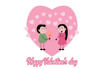 Man give bunch of flowers to his girlfriend. Expressing love, Lover's relationship, Design for Valentine's day festival on pink background, Valentine's day concept, Vector illustration.