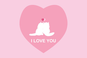 I LOVE YOU Text. Silhouette couple of cats. The letters on the pink background. Design for Valentine's day festival. Vector illustration.