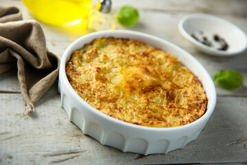 Homemade potato souffle with egg yolks