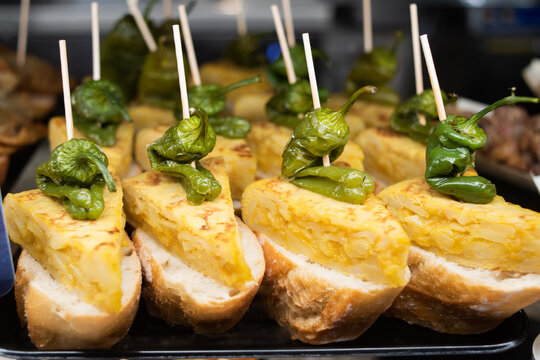 Iberian omelette in tapas bar in Spain, traditional Spanish food