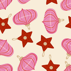Christmas Pink and Red Ornaments Holiday Seamless Pattern