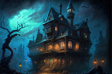Fototapeta na wymiar haunted halloween gothic dark castle in the night, generative ai