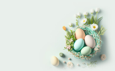 Naklejka na ściany i meble easter eggs and flowers and decoration on pastel color background, generative ai