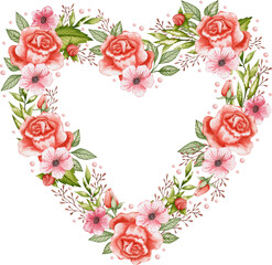 Watercolor illustration of a heart wreath of roses.