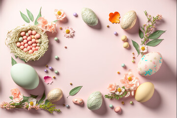 Fototapeta na wymiar easter eggs and flowers and decoration on pastel color background, generative ai