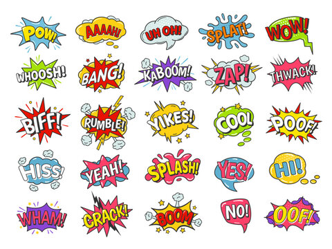 Comic book bubbles. Cartoon speech balloons with boom bang explosion, splash and poof, rumble and wham effects. Funny text vector set