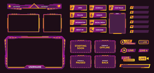 Gaming stream overlay. Futuristic UI graphic frames for game screen, neon color camera border and live chat template. Follow and donate buttons vector set