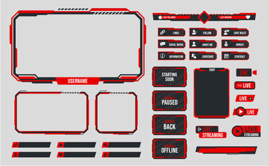 Red stream overlay theme. Webcam border, game screen template and donation panel. Stream is offline, paused and starting soon vector set