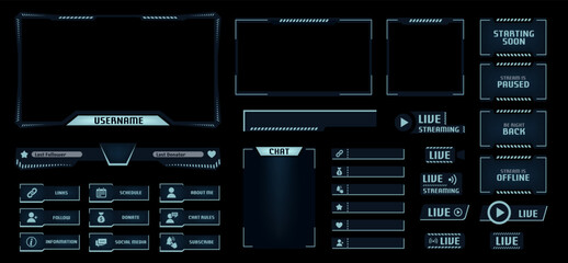 Night mode stream overlay. Dark theme gaming video template with game screen, live chat and webcam frames. Panels buttons and donation bar vector set © WinWin