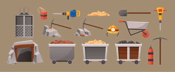 Cartoon mining elements. Mine cave entrance, mining elevator and tools. Wagons with gold and coal vector illustration set