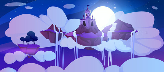 Obraz premium Cartoon magic castle and waterfall on floating island at night. Landscape of fairy tale kingdom flying in dark sky. Medieval royal palace with turrets on piece of rock float at full moon midnight.