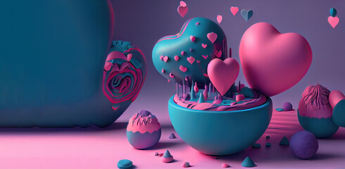 mashmallow valetine's day scene with hearts. 3D. isolated background. Illustration for card, banner. Generative AI