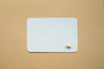 Blank white business greeting card mockup, cereal dried flower on beige backgound. branding, template. flat lay.