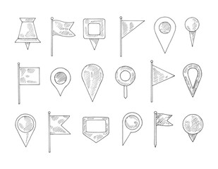 Hand drawn pin and flag. Doodle navigation pins, sketch location marker or gps position icon for maps vector illustration set