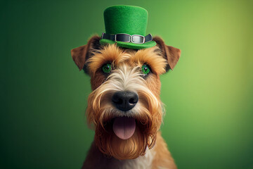 Dog with green hat on his head celebrates St. Patrick's Day