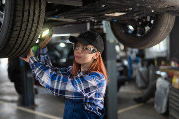 Fototapeta na wymiar A female mechanic inspects a lifted car. A girl at a man's work.
