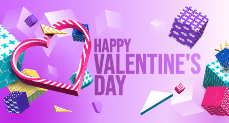 Valentine's Day Banner 3D Heart, Colorful Cubes, Triangle. Abstract Geometric Background. Postcard, Love Message, Greeting Card. Place For Text. Ready For Your Design, Advertising. Vector Illustration - 559754314