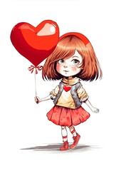 Cartoon Character Girl with a big heart in hands isolated on white background. Saint Valentine Day greeting Card