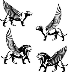 egyptian style winged lioness and lion walking forward side view design - black and white vector mythical animal outline set
